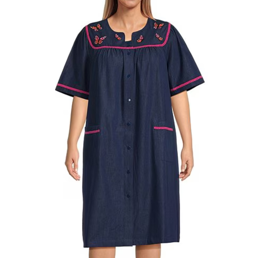 Go Softly Embroidered Butterfly Snap Denim Patio Dress | Sz XL, Mumu Caftan NEW!